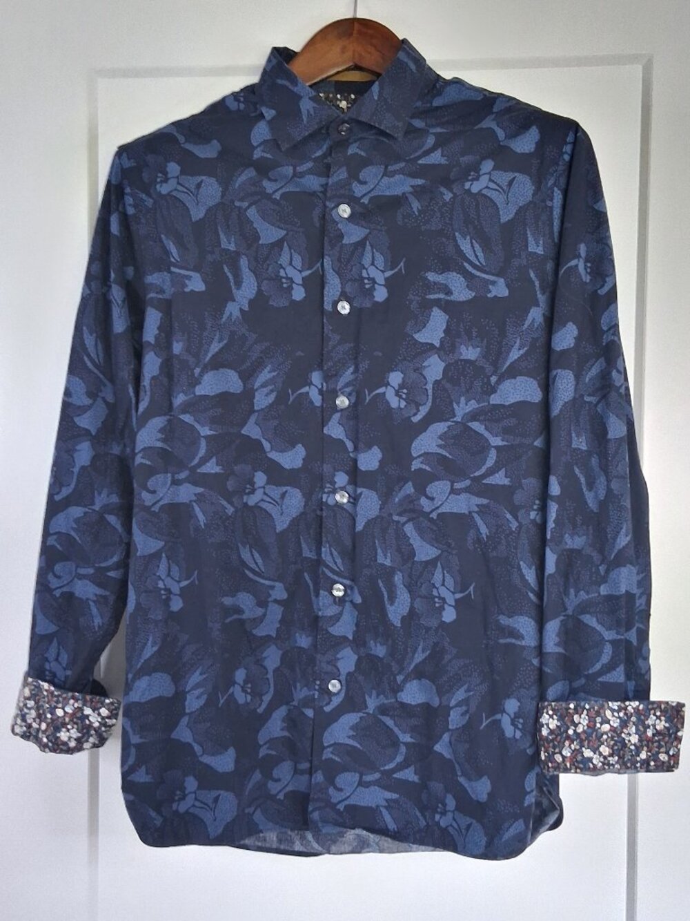 Ted Baker Mens Large Navy Black Floral Shirt Stretch Flip Cuff Long Sleeve